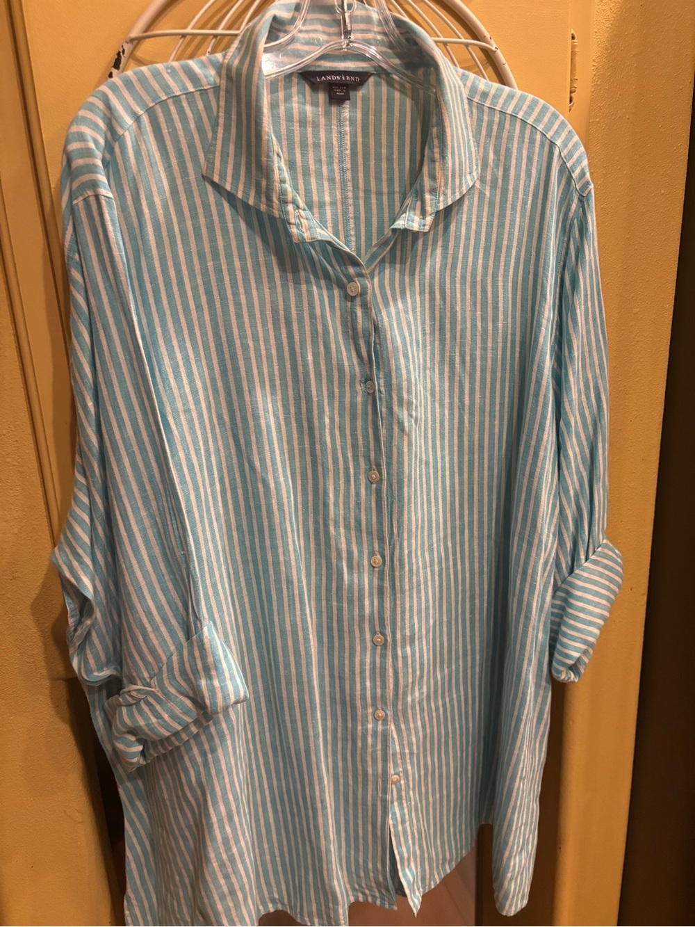 Lands' End women aqua  Blue and White Vertical Stripe Button-Down long Shirt
